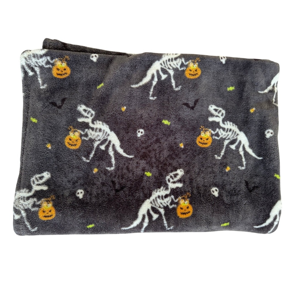 Berkshire Blanket Halloween T-Rex Skeleton Pumpkin Fleece Throw Charcoal Grey